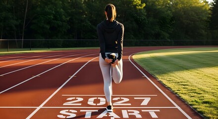 Woman stretching on track field preparing for running workout and fitness goals