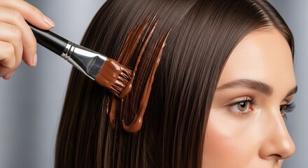 Beautiful woman applying brown hair dye with a brush for a salon treatment or home coloring at home