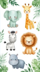 Naklejka premium Cute cartoon african animals with leaves - elephant, giraffe, zebra, lion, hippo