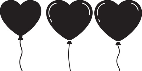 Three black heart shaped balloons floating silhouette