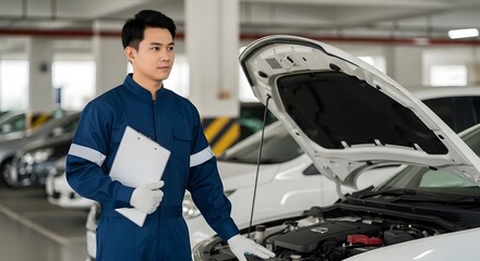 Asian mechanic inspecting car engine auto repair service maintenance checklist form job