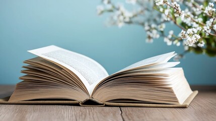 A close-up of an open old book with yellowed pages, resting on a vintage wooden table