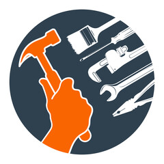 Hammer in hand and tool set sign