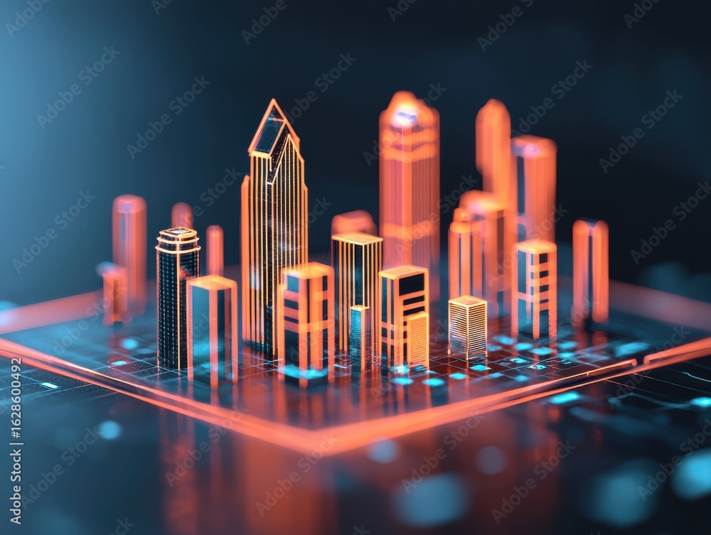 Poster a futuristic cityscape with glowing skyscrapers displayed on a digital circuit board, merging techno