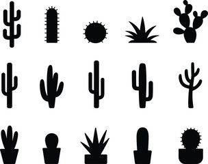 Cactus and Succulent Silhouettes – Vector Set Featuring Diverse Desert Plant Shapes Including Tall, Round, Spiky, and Potted Designs