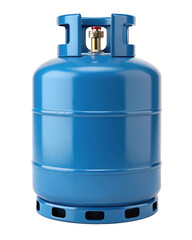 A blue propane gas cylinder for home use is isolated on a transparent background