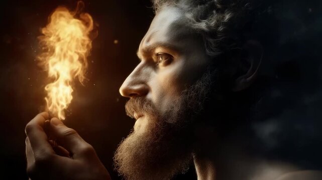 Prometheus light carrier: heroic bringer, blazing torch, mythic tale, divine element, sacred energy, radiant flame, ancient myth, celestial heat, glowing strength, eternal power, symbolic spark,