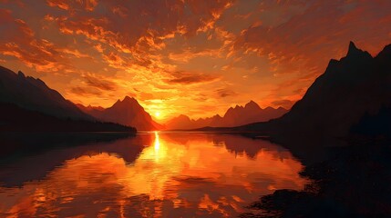 Dramatic mountain landscape at fiery sunset over calm water