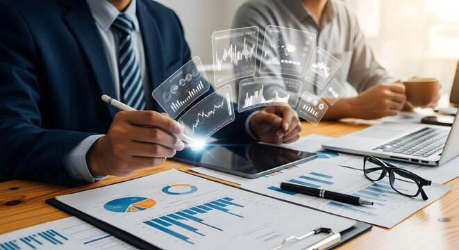 Business analytics and financial data analysis with charts and graphs for investment
