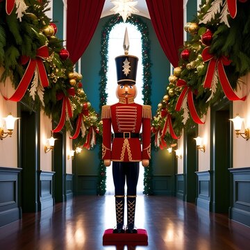 HD Image of Life-Sized Nutcracker Soldier Standing in a Decorated Hallway with Ribbons and Garlands, Evoking Traditional Holiday Charm and Grand Festive Spirit

