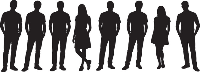 Group of diverse people standing together silhouette isolated on transparent background.