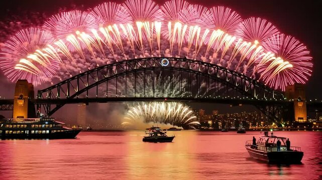 Spectacular fireworks illuminate the iconic sydney harbour bridge during a vibrant new years eve celebration with boats on the water below