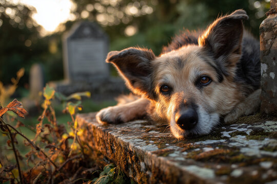 Dog resting peacefully near a headstone reflecting loyalty and remembrance in a tranquil cemetery setting