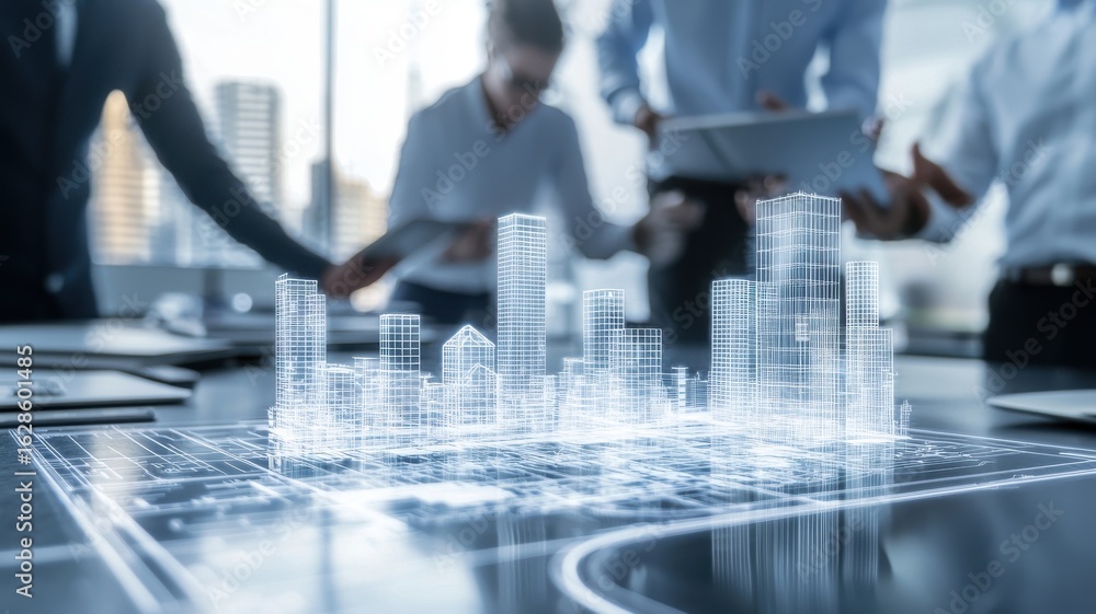 Poster a modern architectural model displayed on a table, surrounded by professionals discussing urban deve
