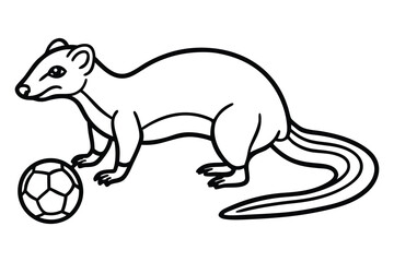 A Playful Ermine with a Soccer Ball Cartoon Illustration in Black and White Outlines for Children
