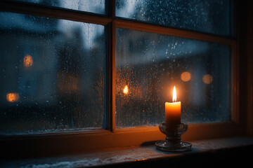 Light glimmers from a single candle in a window as rain softly cascades down at night creating a warm and inviting atmosphere