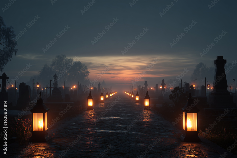 Poster glowing lanterns line a quiet pathway at dusk in a tranquil setting creating a serene atmosphere
