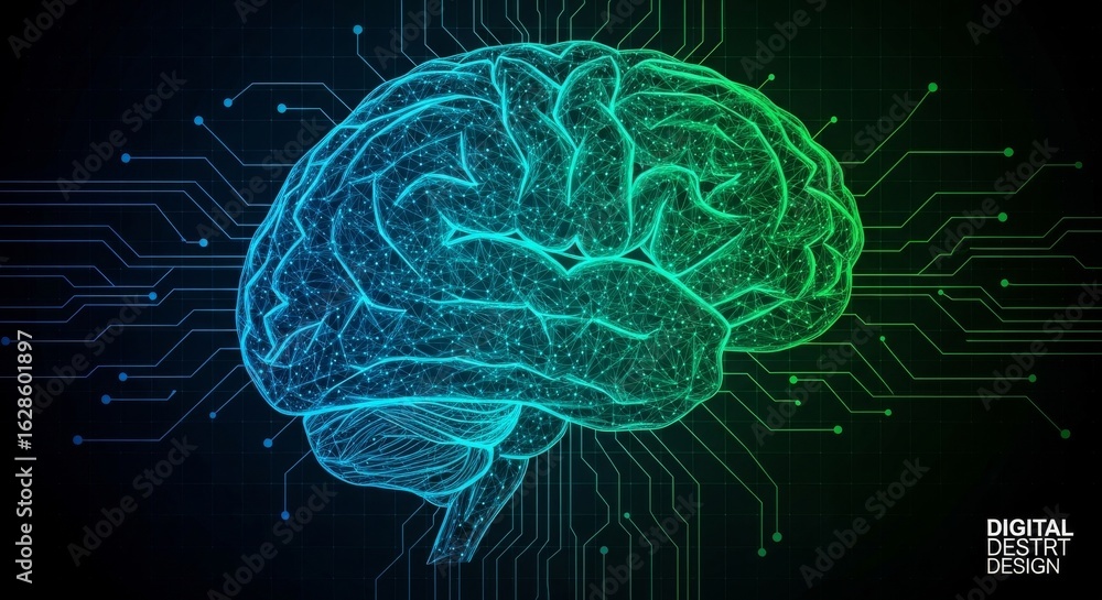 Poster brain circuitry - abstract of a human brain overlaid on a circuit board, representing artificial int