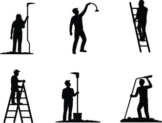 Obraz premium Construction Silhouettes Set – Workers with Ladders, Shovels, and Tools Engaged in Various Maintenance and Outdoor Labor Activities