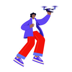 A flat style illustration showing a person holding drone camera