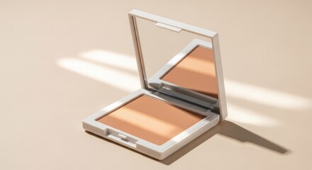 Open compact powder case, light beige powder, light reflecting mirror