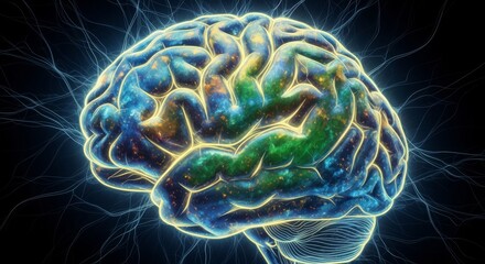 Celestial Brain: A Universe Within - Symbolizing intelligence, consciousness, imagination, potential, and the interconnectedness of all things. A glowing brain artwork