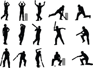 Cricket silhouette set with diverse player actions including batting, bowling, fielding, and celebration poses, perfect for sports-themed illustrations