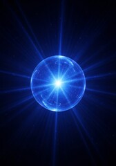 Obraz premium Celestial Orb of Light - A radiant blue sphere emits light rays against a dark background, creating a mystical and energetic
