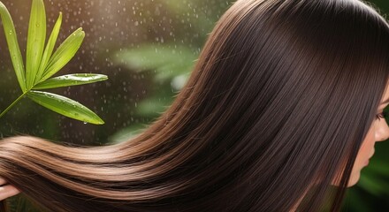 Woman's long, shiny dark brown hair, reflecting natural light, set against a fresh green background with water droplets, symbolizing healthy hair care and beauty.