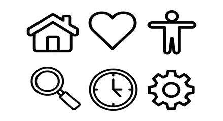 Vector art of Bold Black Line Icons: Home, Heart, Person, Magnifying Glass, Clock, Gear;  Simple UI Design Elements.