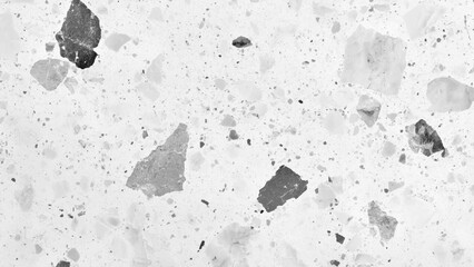 Terrazzo marbled floor texture in black and white showcasing polished granite stone. Terrazzo texture with black and gray fragments on white background for modern interior design style. 