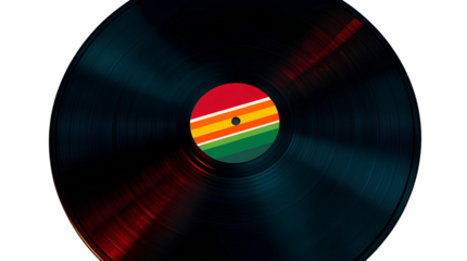 Top-Down View of Black Vinyl Record with Red, Orange, and Yellow Striped Central Label – Isolated on Transparent Background