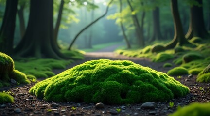 Lush green moss mound on forest path with soft light nature ground