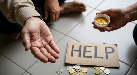 Homeless person begging for money and food assistance charity donation help needed now