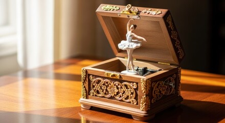 Ornate wooden music box with ballerina figurine (2)