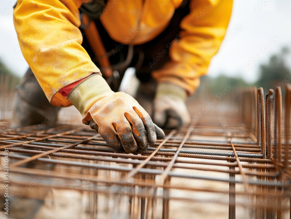 Poster engineer civil analysis concept. construction worker assembling rebar framework at a building site.