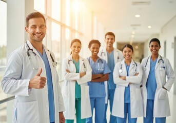 A diverse group of medical professionals standing together in a hospital hallway