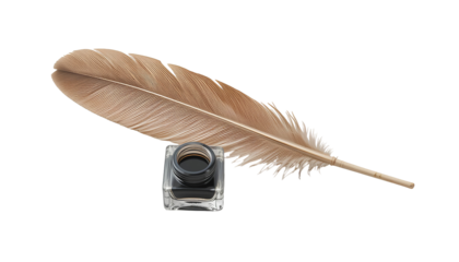 Light Brown Feather with Fine Detail Beside Clear Glass Inkwell Filled with Dark Ink – Isolated on Transparent Background