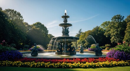 Fototapeta premium Park fountain with intricate bronze figures, surrounded by colorful flowerbeds, lush greenery, and a bright sky