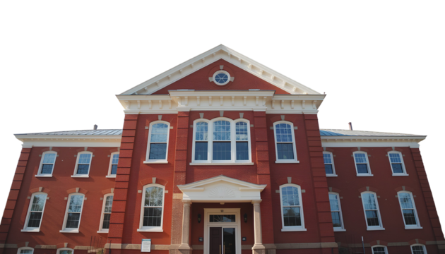 Photo of Large Red Brick Building with White Roof and Trim – Architectural Exterior Image