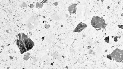 Terrazzo marbled floor texture in black and white showcasing polished granite stone. Terrazzo texture with black and gray fragments on white background for modern interior design style. 