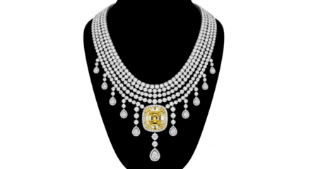Exquisite multistrand diamond necklace with a prominent yellow center stone isolated on transparent background