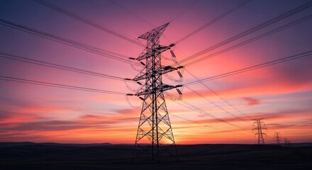 Power lines at sunset, silhouetted metal towers against vibrant sky