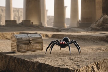 Mysterious spider guarding an ancient treasure in a forgotten temple at dusk with towering columns in the background