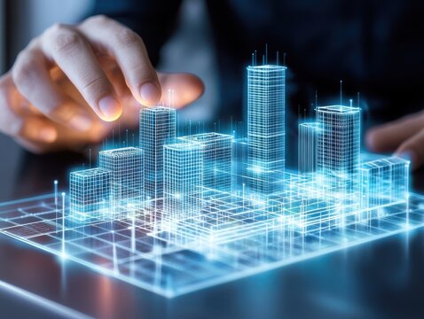 Engineer civil analysis Concept. Digital model of a cityscape created with holographic technology.