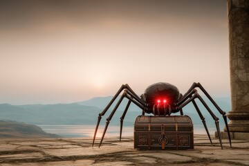 Giant mechanical spider guards ancient treasure chest at sunset over tranquil waters in a mystical landscape