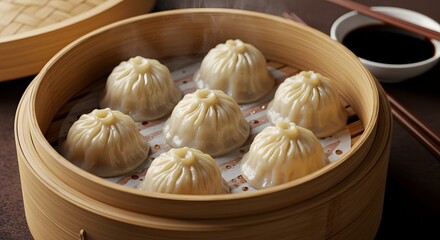 Xiaolongbao dumplings ready to eat, steaming inside bamboo steamer - Chinese food