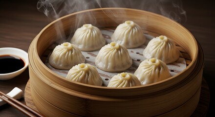 Hot steamed xiaolongbao in bamboo steamer - Chinese food