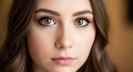 Obraz premium Close-up portrait of a young woman with captivating green eyes and flawless skin, exuding natural beauty and a serene expression.