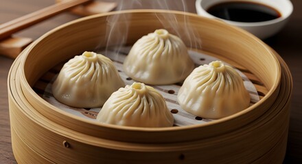 Steaming xiaolongbao dumplings in bamboo steamer - Chinese food